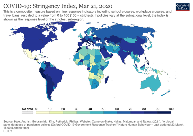 A map showing the relative strictness of COVID-19 measures in each country in March 2020.