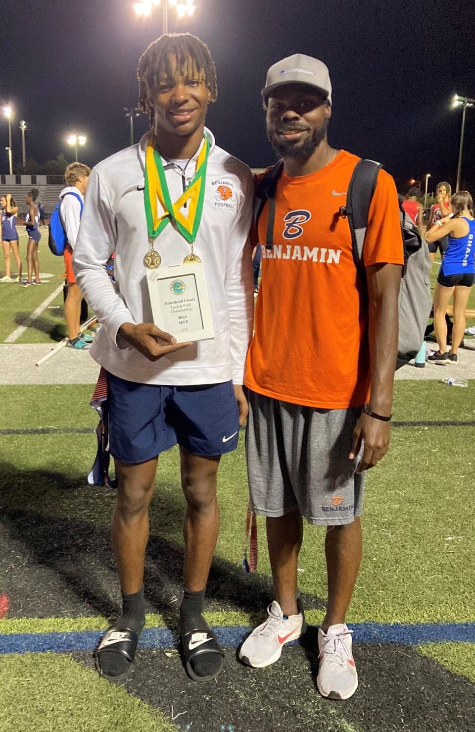 "Micah had one of the best performances in the history of the county meet. He always steps up when called on. It's why he's one of the top track athletes in the state," Benjamin coach Barrett Saunders said, pictured with meet MVP Micah Mays (left).