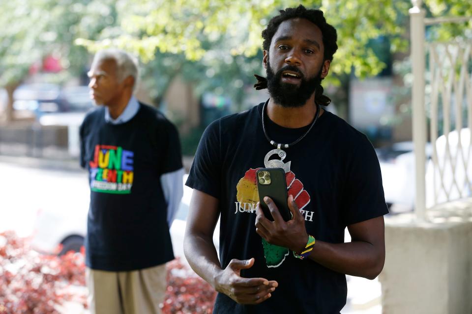 Community leader Broderick Flanigan speaks during a Juneteenth Freedom Day flag-raising ceremony at city hall in downtown Athens, Ga., on Friday, June 16, 2023. Flanigan is a co-creator of "Corner Histories," a Hot Corner audio documentary released in Aug. 2023.