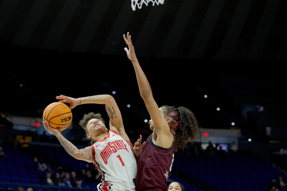 Ohio State's Rikki Harris shoots against Missouri State's Abigayle Jackson on Saturday.