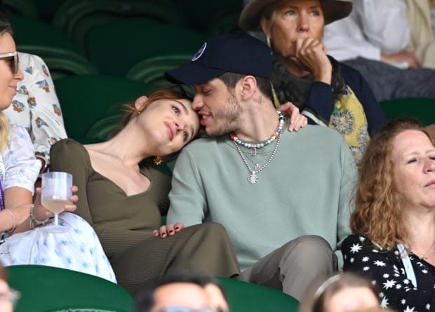 Phoebe Dynevor and Pete Davidson attend day 6 of the Wimbledon Tennis Championships at the All England Lawn Tennis and Croquet Club on July 03, 2021, in London.<p><a href="https://www.gettyimages.com/detail/1326792802" rel="nofollow noopener" target="_blank" data-ylk="slk:Karwai Tang/Getty Images;elm:context_link;itc:0;sec:content-canvas" class="link ">Karwai Tang/Getty Images</a></p>