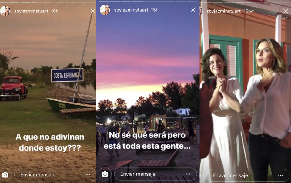 <p>La ex de Andy Kusnetzoff compartió en sus <em>Instastories </em>algunos videos mostrando el pintoresco lugar donde se produjo el encuentro, y una divertida entrevista de Carla Peterson y Romina Richi desde la puerta del mítico bar ‘Morena’. – <em>Foto: <a rel="nofollow noopener" href="https://www.instagram.com/soyjazminstuart/" target="_blank" data-ylk="slk:Instagram/soyjazminstuart/;elm:context_link;itc:0;sec:content-canvas" class="link ">Instagram/soyjazminstuart/</a></em> </p>