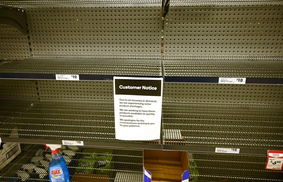 Shelves are empty of hand sanitiser in a supermarket in Sydney on March 4, 2020. - Australia's biggest supermarket announced a limit on hand sanitisers and toilet paper purchases after the global spread of coronavirus sparked a spate of panic buying Down Under. (Photo by PETER PARKS / AFP) (Photo by PETER PARKS/AFP via Getty Images)