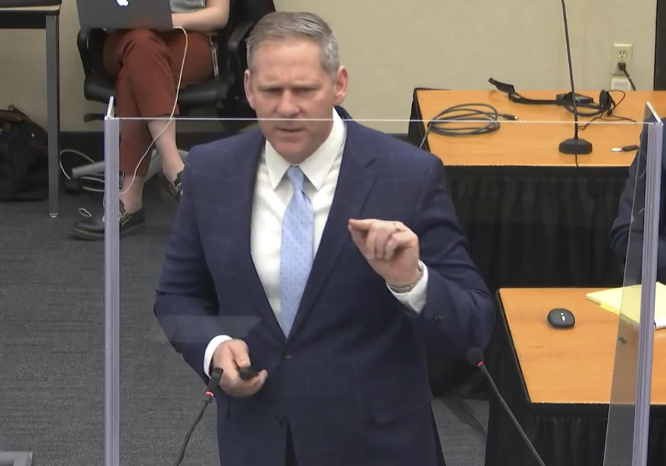 In this image from video, prosecutor Steve Schleicher gives closing arguments as Hennepin County Judge Peter Cahill presides Monday, April 19, 2021, in the trial of former Minneapolis police Officer Derek Chauvin at the Hennepin County Courthouse in Minneapolis. Chauvin is charged in the May 25, 2020 death of George Floyd. (Court TV via AP, Pool)