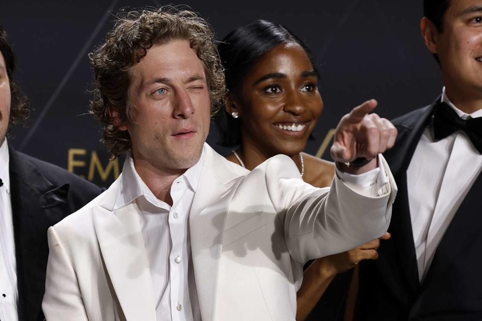 <p>Frazer Harrison/Getty Images</p> Jeremy Allen White and Ayo Edebiri at the Emmy Awards in Los Angeles on Jan. 15, 2024