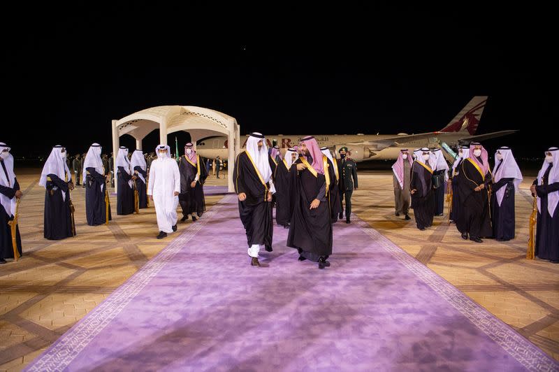 Saudi Crown Prince, Mohammed bin Salman receives Qatar's Emir Sheikh Tamim bin Hamed al-Thani as he arrives for the Gulf Summit at Riyadh, Saudi Arabia