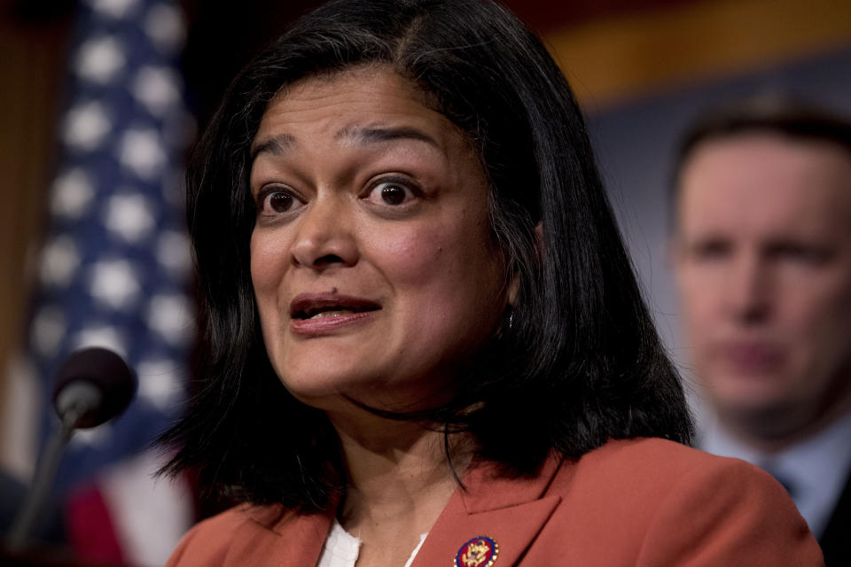 Rep. Pramila Jayapal, D-Wash, speaks at a news conference on Capitol Hill in Washington, Wednesday, Jan. 30, 2019, on a reintroduction of a resolution to end U.S. support for the Saudi-led war in Yemen. (AP Photo/Andrew Harnik)