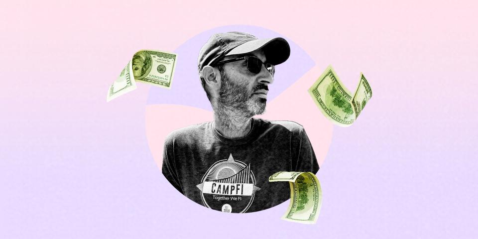 The author in a circle on a pale purple background with dollar bills floating around him.