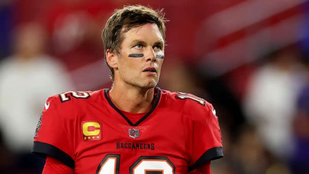 PHOTO: Tom Brady of the Tampa Bay Buccaneers during pregame warm-ups prior to a game against the Baltimore Ravens at Raymond James Stadium on Oct. 27, 2022 in Tampa, Fla. (Mike Ehrmann/Getty Images)