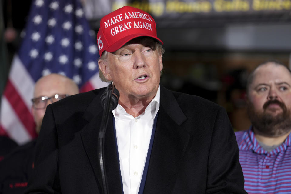 Former President Donald Trump speaks at the East Palestine Fire Department as he visits the area in the aftermath of the Norfolk Southern train derailment Feb. 3 in East Palestine, Ohio, Wednesday, Feb. 22, 2023. (AP Photo/Matt Freed)