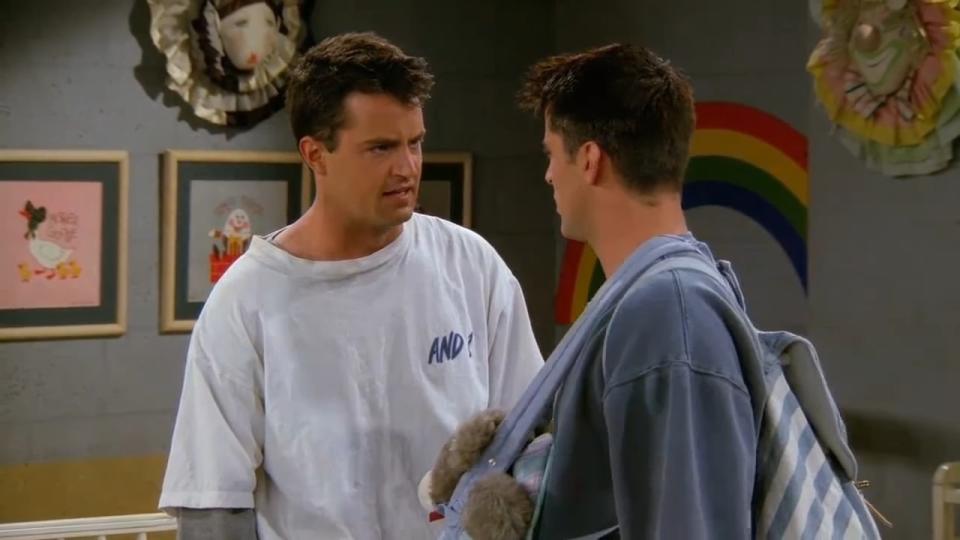 Chandler and Joey talking in a nursery in "Friends"