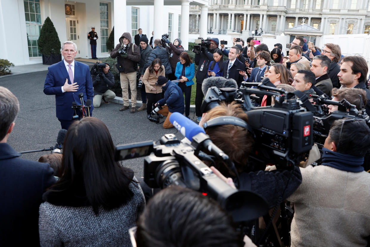 U.S. House Speaker Kevin McCarthy (R-CA) speaks to reporters following his meeting with President Joe Biden about the looming debt ceiling issue at the White House in Washington, U.S. February 1, 2023.  REUTERS/Jonathan Ernst