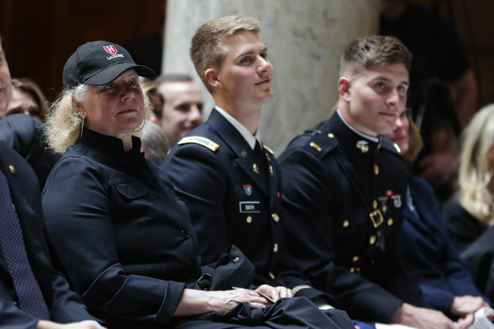 This May 1, 2019 photo shows Susan Bayh, the wife of former Indiana Gov. Evan Bayh, at the Indiana Statehouse in Indianapolis. A family spokesman said Saturday, Feb. 6, 2021 that Susan Bayh died Friday night in McLean Va. Bayh was Indiana’s first lady for eight years after her husband, Democrat Evan Bayh, won election to the first of two terms as governor in 1988.(AP Photo/Michael Conroy)