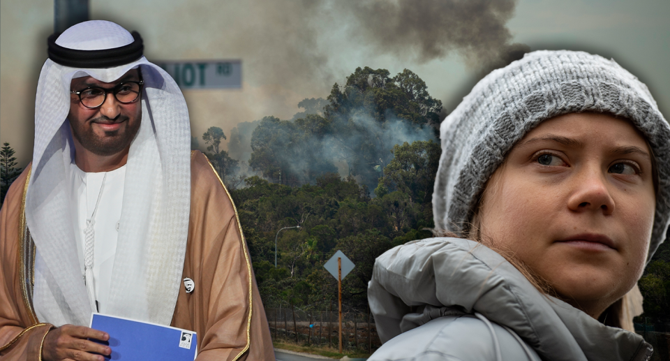 Greta Thunberg (right) and Dr Sultan Ahmed Al Jaber (left) over a suburban bushfire background.