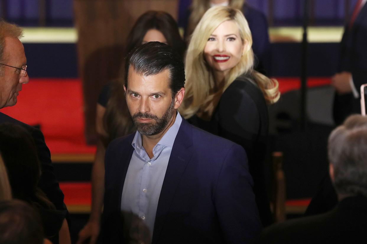 Donald Trump Jr. and Ivanka Trump appear on election night in the East Room of the White House in the early morning hours of November 04, 2020