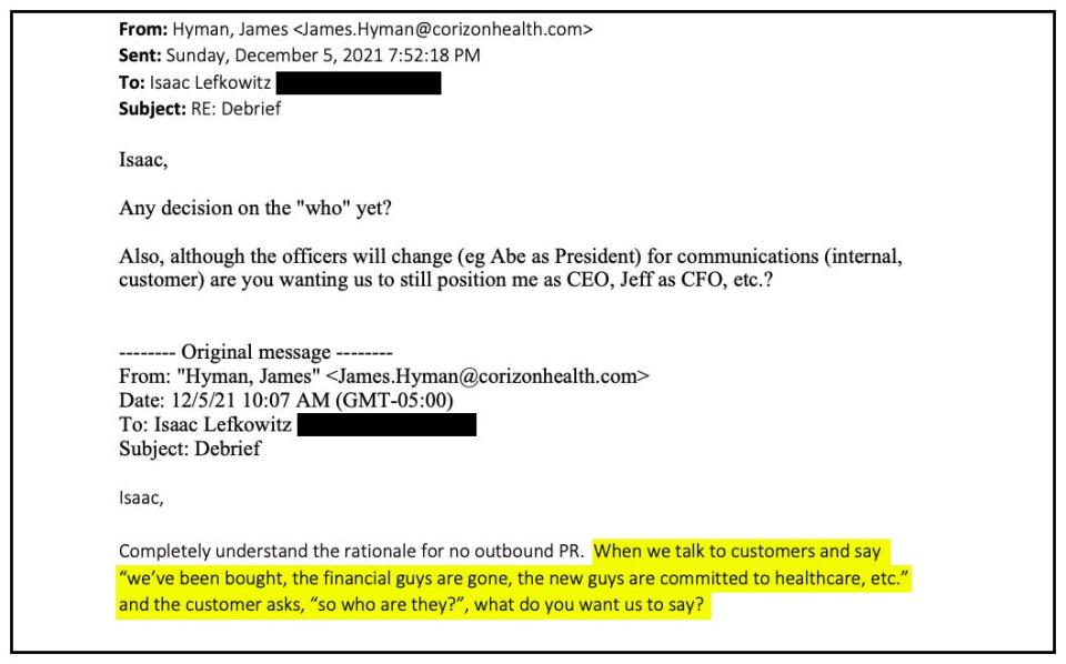 A December 5, 2021 email from James Hyman of Corizon Health to Isaac Lefkowitz of Perigrove