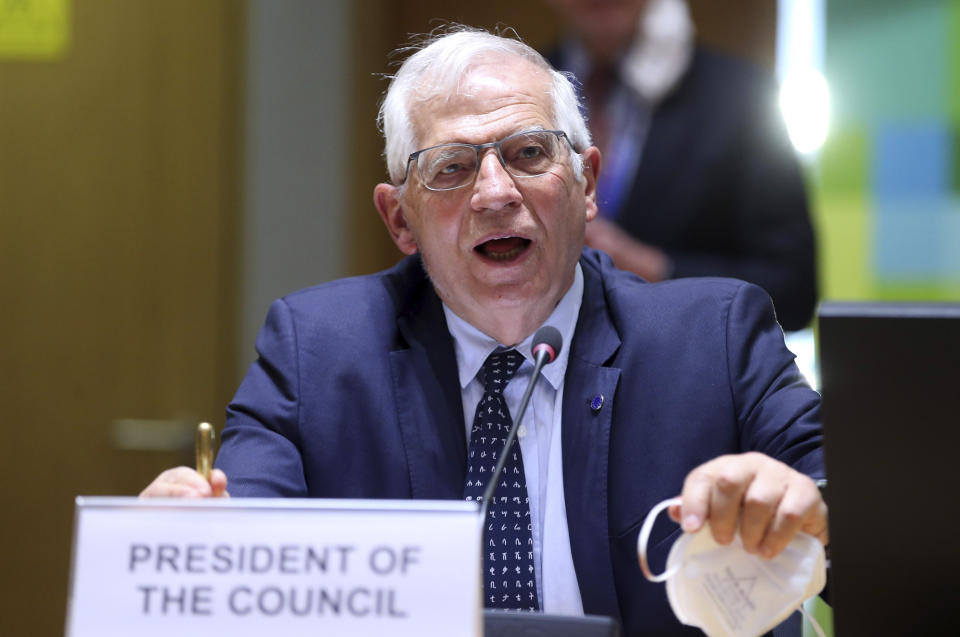 European Union foreign policy chief Josep Borrell speaks as he attends a meeting of EU foreign ministers to discuss the situation in Ukraine, at the European Council building in Brussels, Monday, April 19, 2021. European Union foreign ministers on Monday assessed the bloc's strategy towards Russia in the wake of the military buildup on Ukraine's borders and amid the weakening health of imprisoned opposition leader Alexei Navalny. (Francois Walschaerts, Pool via AP)