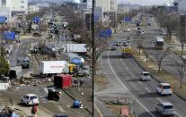 This combination of pictures shows people walking on a road covered with vehicles and debris in a tsunami hit area of Tagajo, Miyagi prefecture on March 13, 2011 (L) and the same area on January 12, 2012 (R). March 11, 2012 will mark the first anniversary of the massive tsunami that pummelled Japan, claiming more than 19,000 lives. AFP PHOTO / KAZUHIRO NOGI (L) AFP PHOTO / TORU YAMANAKA (R)