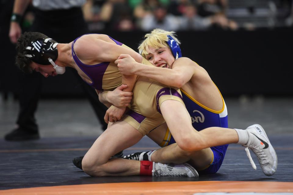Canton freshman Carter Kendrick competes for his first state title on Saturday, Feb. 24, 2024 at the Denny Sanford Premier Center in Sioux Falls.