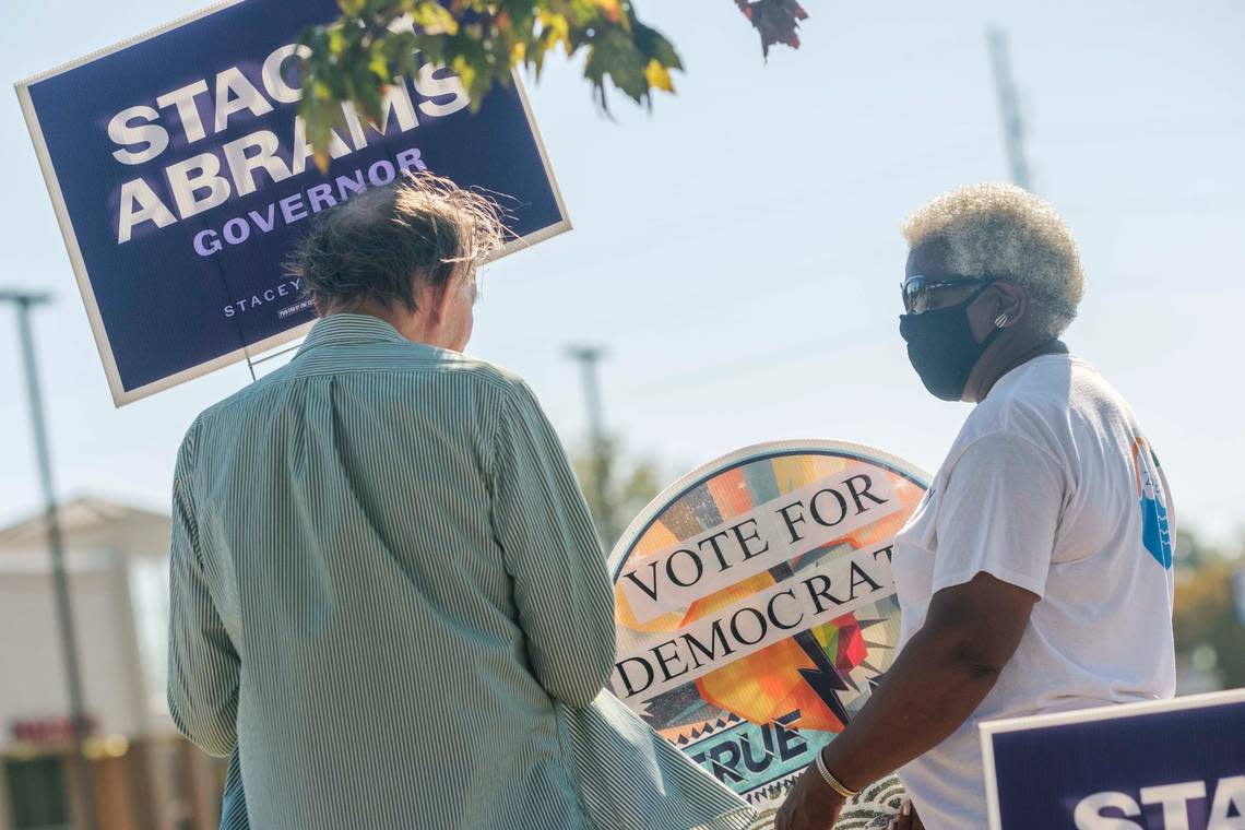 Houston County Democrat Evelyn Tharpe, right, says she knocked on 3,000 doors over four weeks heading into Election Day. “I’m voting for positive changes for the people,” she said. She hopes to see more affordable housing and a brand new slate of elected officials.