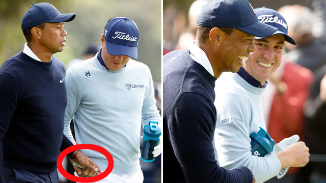 Pictured left, Tiger Woods slipping playing partner Justin Thomas a tampon after outdriving him at the Genesis Invitational. 