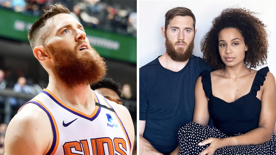 Aron Baynes (pictured right next to his wife) has penned an emotional letter about the importance of education and in the battle against racism. (Getty Images/Instagram)