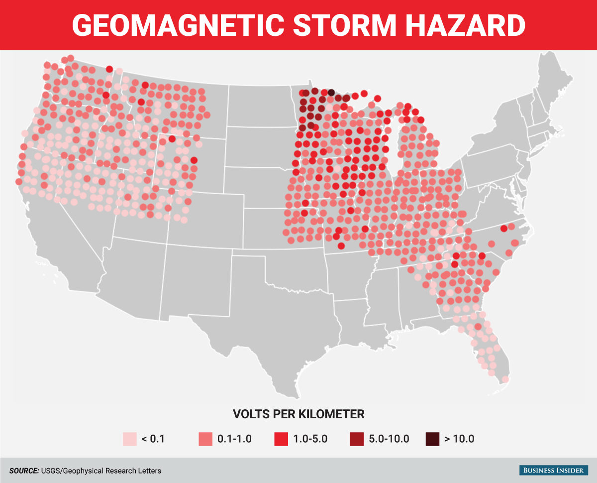 geomagnetic solar storm electrical induction power line hazard map