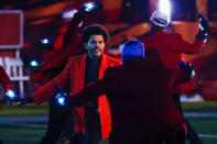 TAMPA, FLORIDA - FEBRUARY 07: The Weeknd performs during the Pepsi Super Bowl LV Halftime Show at Raymond James Stadium on February 07, 2021 in Tampa, Florida. (Photo by Mike Ehrmann/Getty Images)