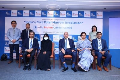 (From Left to Right) Dr. Dayananda Shamurailatpam, Head Department of Medical Physics, Apollo Hospitals, Dr. Rakesh Jalali,Medical Director and Head - Radiation Oncology , Apollo Proton Cancer Centre, Dr . Jose M Easow, Consultant Medical Oncology and Hematology In - charge of BMT Unit, Apollo Cancer Speciality Hospital, Patient Ms.Fatima (35) Oman, Dr . Prathap C Reddy,Executive Chairman, Apollo Hospitals Group, Dr. Preetha Reddy, Vice Chairperson, Apollo Hospitals Group,   Dr. Srinivas Chilukuri – Senior Consultant Radiation Oncology, Dr . Sapna Nangia, Senior Consultant, Radiation Oncology at Apollo Proton Cancer Centre, Chennai