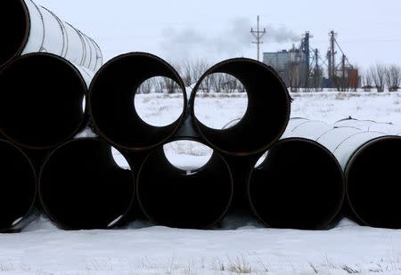 FILE PHOTO: A depot used to store pipes for Transcanada Corp's planned Keystone XL oil pipeline is seen in Gascoyne, North Dakota, January 25, 2017. REUTERS/Terray Sylvester