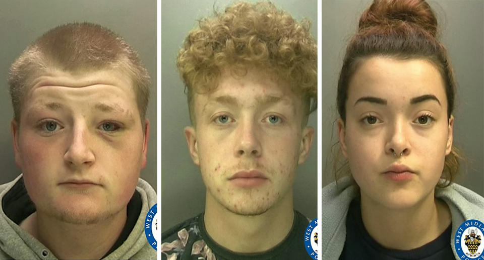 Kyle Ashton, left, and Christopher and Lucy Pyatt-Pierce, who have all been jailed for the attack. (West Midlands Police/SWNS)