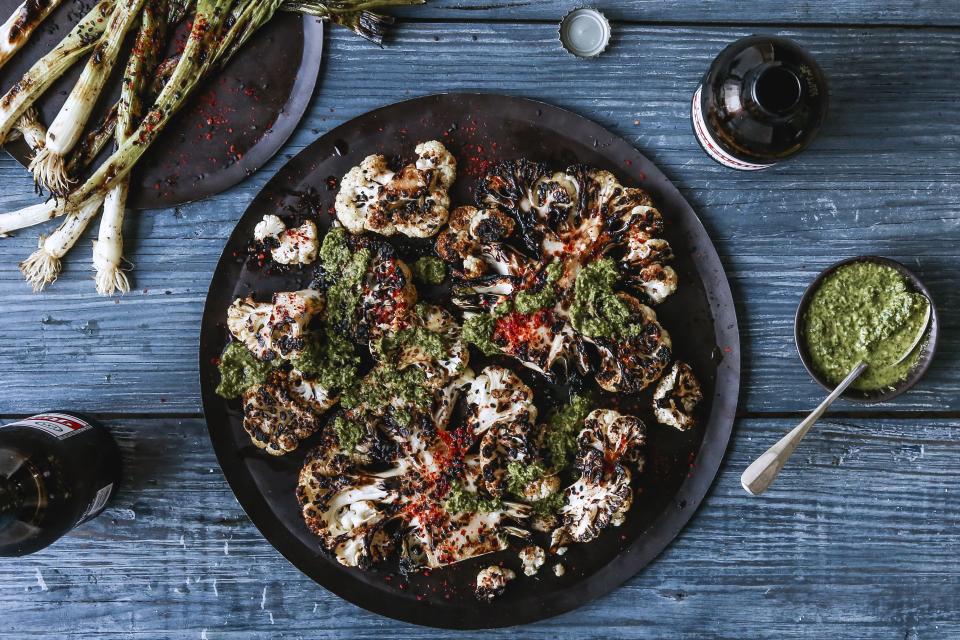 Grilled Cauliflower Steaks and Scallions