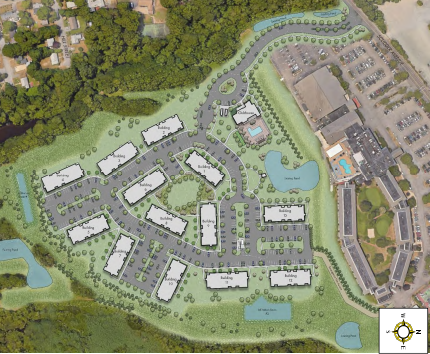 A rendering of the layout of Lennar Multifamily Communities' proposal for the Twin Brooks property at 35 Scudder Avenue in Hyannis.
