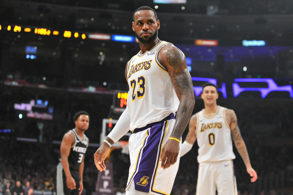 LOS ANGELES, CALIFORNIA - MARCH 24: LeBron James #23 of the Los Angeles Lakers looks on during a game against the Sacramento Kings at Staples Center on March 24, 2019 in Los Angeles, California. NOTE TO USER: User expressly acknowledges and agrees that, by downloading and or using this photograph, User is consenting to the terms and conditions of the Getty Images License Agreement. (Photo by Allen Berezovsky/Getty Images,)