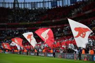 <p>Soccer Football – Europa League Semi Final First Leg – Arsenal vs Atletico Madrid – Emirates Stadium, London, Britain – April 26, 2018 Arsenal fans wave flags REUTERS/Dylan Martinez </p>