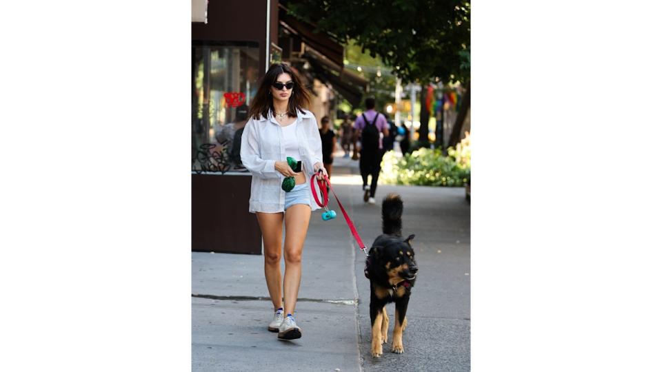 Emily Ratajkowski is seen out and about on July 16, 2024 in New York with her dog