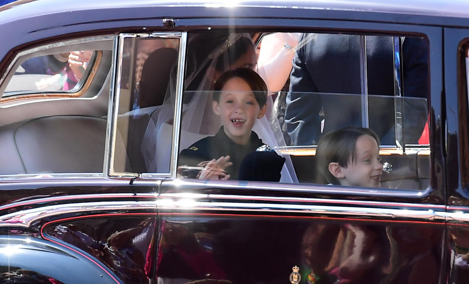 Meghan Markle and the page boys arrive at St. George's Chapel at Windsor Castle&nbsp; on May 19.&nbsp;