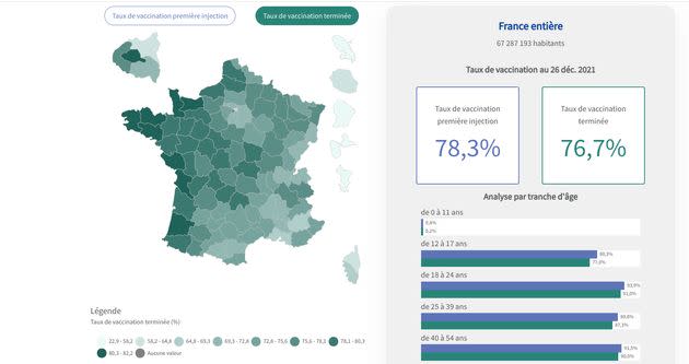 Le taux de vaccination en France par département au 26 décembre 2021 (carte Assurance maladie) (Photo: Assurance maladie AMELI)