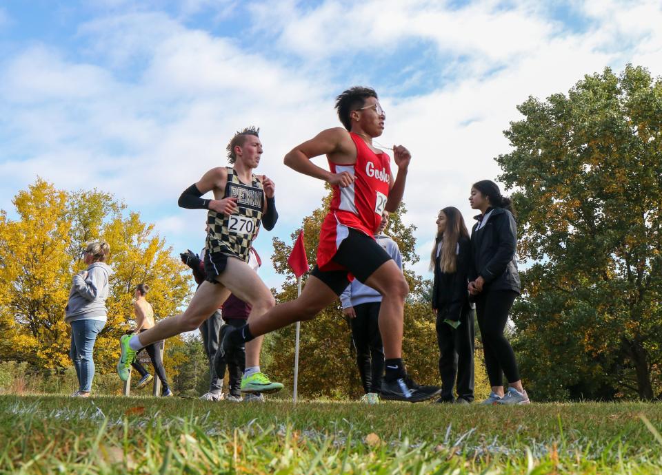 William Mickelson of Penn (270) and Alexander Lopez of Goshen (291) compete in Saturday's Cross Country Regional at Ox Bow Park in Goshen.