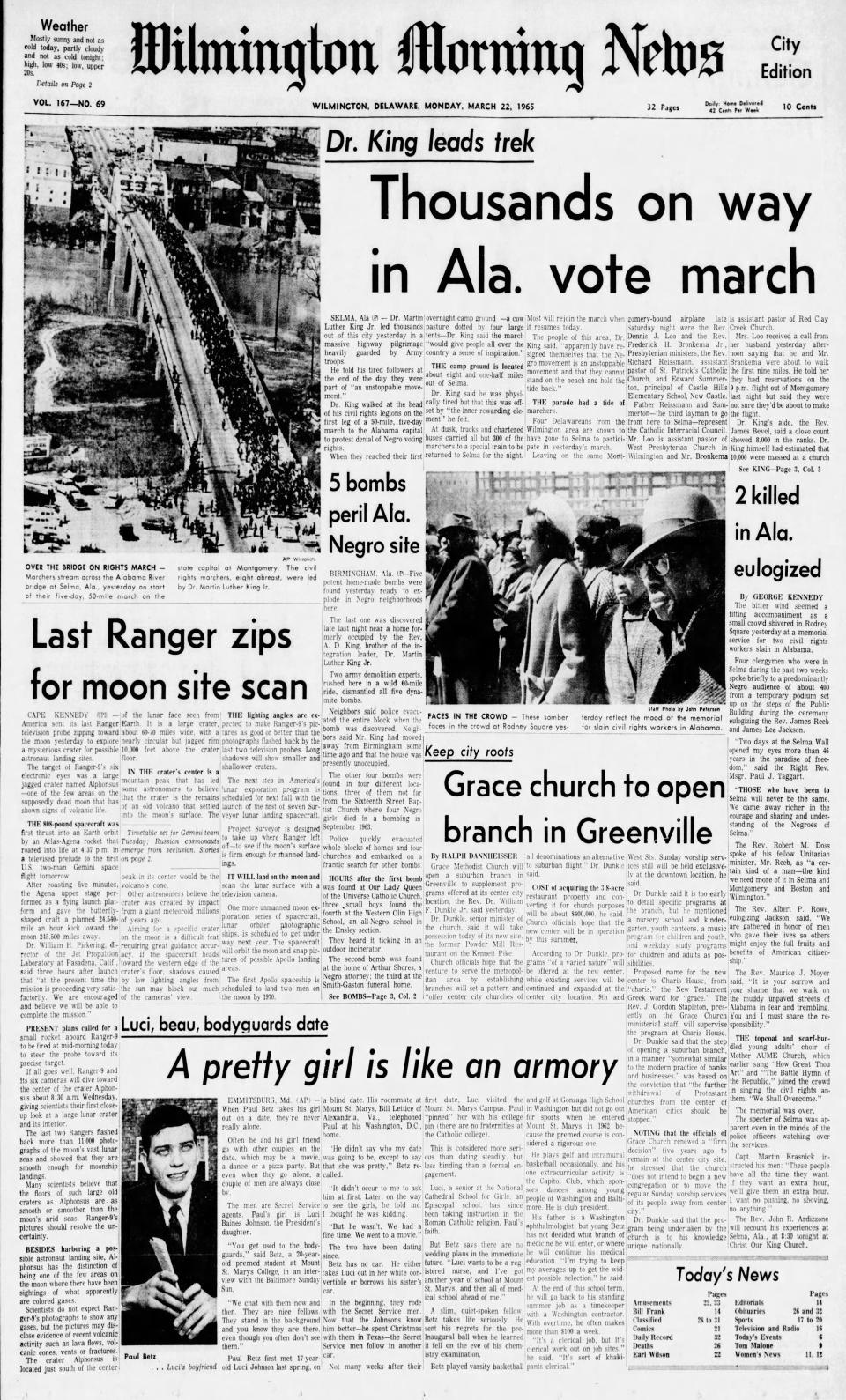 Front page of the Wilmington Morning News from March 22, 1965.