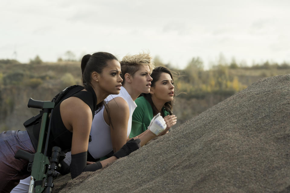 This image released by Sony Pictures shows, from left, Ella Balinska, Kristen Stewart and Naomi Scott in "Charlie's Angels," in theaters on Nov. 15. (Nadja Klier/Sony Pictures via AP)