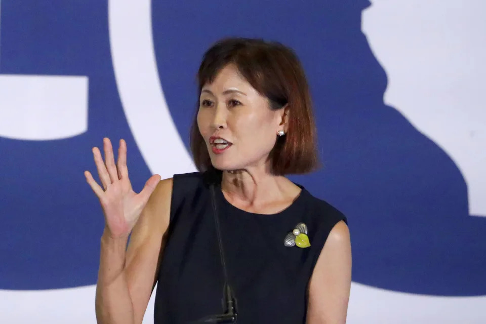 FILE - Michelle Steel, Republican candidate for California's 48th Congressional District, speaks during the California GOP fall convention in Indian Wells, Calif., Sept. 7, 2019. The fight for the 47th District seat has evolved into a hostile confrontation between Steel, a South Korean immigrant looking for a second term in Congress, and Democrat Jay Chen, a Navy reservist and the son of immigrants from Taiwan. (AP Photo/Chris Carlson, File)