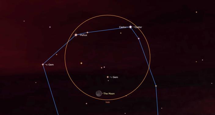   Mapa del cielo de la luna creciente y las estrellas brillantes castor y pollux el 19 de junio de 2023 