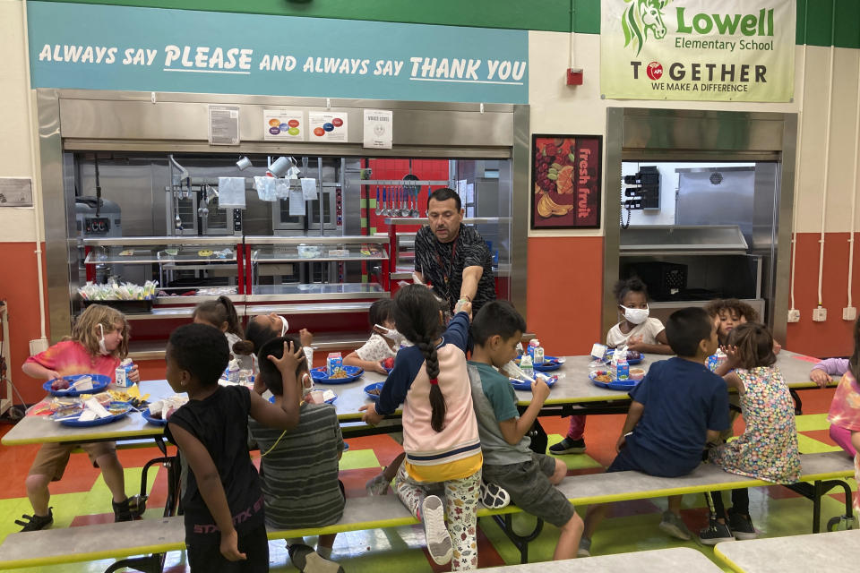 Students wrapping up their lunch break at Lowell Elementary School in Albuquerque, New Mexico, Aug. 22, 2023. Several states are making school breakfasts and lunches permanently free to all students starting this academic year, regardless of family income, and congressional supporters of universal school meals have launched a fresh attempt to extend free meals for all kids nationwide. (AP Photo/Susan Montoya Bryan)