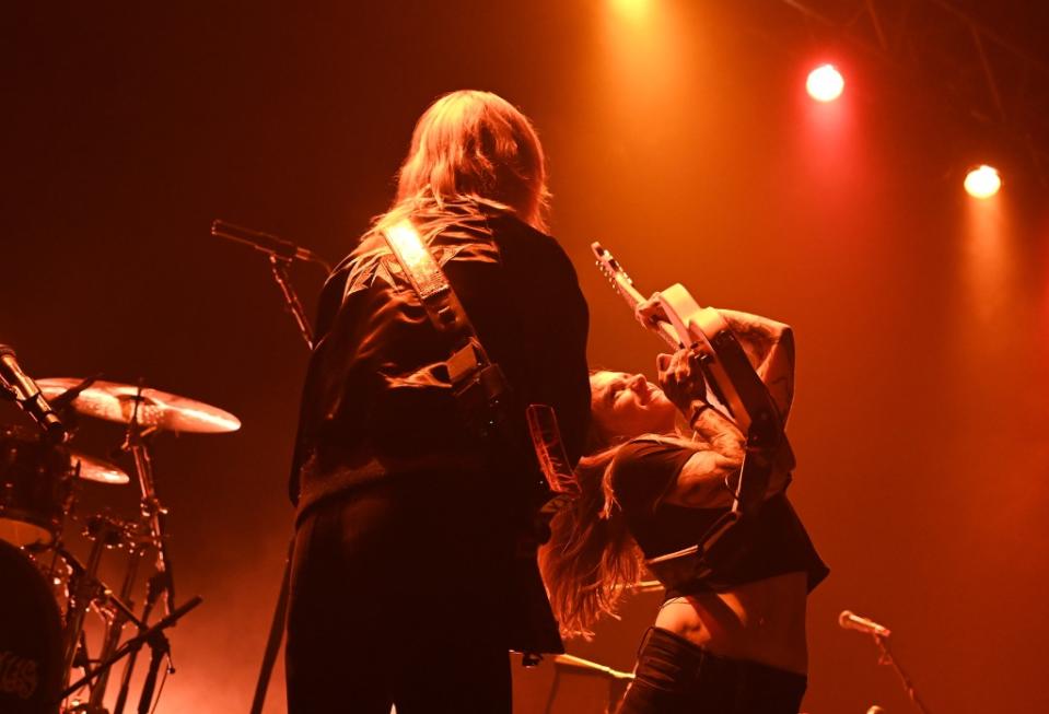 Phoebe Bridgers and Julien Baker performs onstage at the opening night of boygenius "the tour" held at The Fox Theater Pomona on April 12, 2023 in Pomona, California.