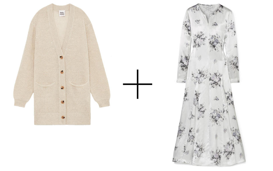 Aritzia ‘Blossom’ Cardigan + Ganni ‘Cameron’ Floral-print Satin Midi Dress