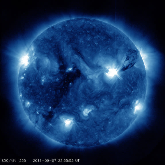 A giant plume of ionized gas called plasma (to the right) leaps off the sun from sunspot 1283 in this photo snapped by NASA's Solar Dynamics Observatory. This sunspot spouted four solar flares and three coronal mass ejections from Sept. 6-8, 20