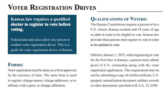 A Kansas Secretary of State guide for voter registration drives doesn't clarify that people using the federal form to register to vote don't need to prove they are a citizen. (Photo: Kansas Secretary of State's Office)