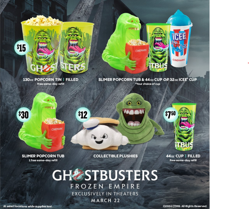 In addition to the Slimer popcorn tub, Cinemark is releasing a 130oz popcorn tin and 44oz cup with a Slimer decal and collectible plushies.