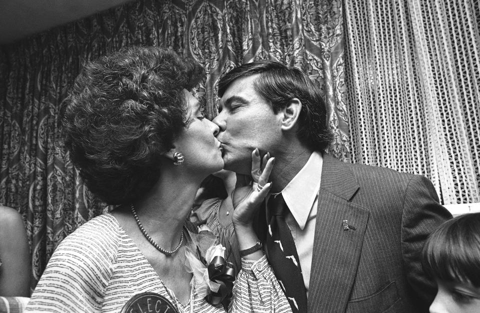 FILE - State Sen. Bob Graham gets a congratulatory kiss from his wife at their campaign headquarters in Miami, Oct. 5, 1978, where he won the Democratic runoff election for governor. Graham, who chaired the Intelligence Committee following the 2001 terrorist attacks and opposed the Iraq invasion, has died, according to an announcement by his family Tuesday, April 16, 2024. (AP Photo/Kathy Willens, File)